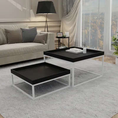 Produktbild von Moderner Couchtisch LABO 2in1 Tisch 2er Set Wohnzimmertisch Metallrahmen Stapelbar Weiß / Schwarz