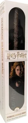A product box for a Harry Potter Hermione Granger wand, showing the wand inside a clear window and an image of Hermione Granger.
