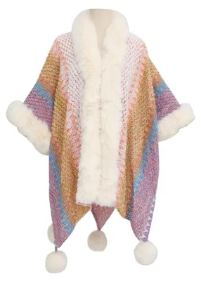 Produktbild von Damen Poncho bunte Streifen Ethno-Stil Strick Wickeltuch offene Vorderseite Cardigan Hellrosa Einheitsgröße