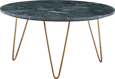 Couchtisch Marmor Grün mit grüner Marmorplatte und goldenen Metallbeinen in Gesamtansicht.