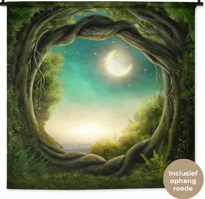 Produktbild von MuchoWow® Wandteppich Wandbehang Wald - Mond - Sternenhimmel 150x150 cm Tapisserie Dekoration Wandtuch - Wohnaccessoires - Modernes