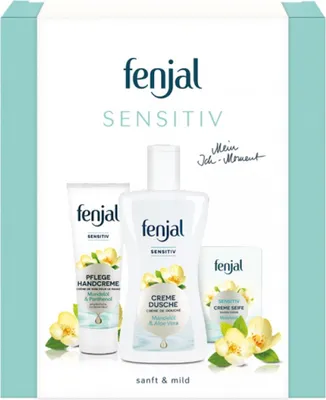 Produktbild von Fenjal Körperpflege-Set, 375 ml, Sensitiv Geschenkset, Handcreme, Cremeseife, Cremedusche, mit natürlichem Mandelöl, Aloe Vera, Panthenol, Haut- & Feuchtigkeitspflege für empfindliche Haut, 3-teilig, zart-fruchtiger Duft, zieht sofort ein