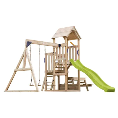 Produktbild von AXI Mette Spielturm aus Holz mit 2 Schaukeln | XXL Spielhaus / Spielplatz für Kinder mit Picknicktisch, Sandkasten & Rutsche in Hellgrün |