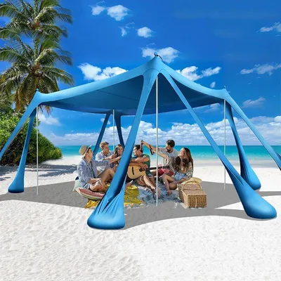 Immagine prodotto di Tenda da spiaggia ZELURXX, protezione solare UPF50+, tenda da sole fai da te, pali in alluminio regolabili, tenda da campeggio portatile, resistente al vento, blu reale