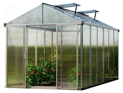 Produktbild von GFP Gewächshaus TITAN 24 aus Alu 222x437 cm, starke 10 mm Doppelstegplatten mit Zusatzfenstern, automatischen Fensteröffnern