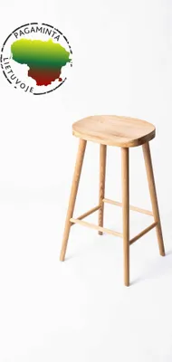 A wooden bar stool is shown against a white background with a circular logo in the top left corner.