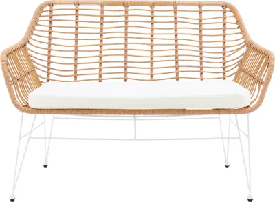 Produktbild von SalesFever Sitzbank in Rattan-Optik | Metallgestell weiß | inkl. Sitzkissen | Indoor- und Outdoor geeignet | B 120 x T 69 x H 85 cm | natur-weiß