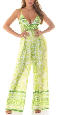 Productafbeelding van Bedrukte wikkeljurk met V-hals, spaghetti-bandjes, maxi-model, Marlene-stijl, open rug. One size (uni)