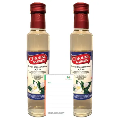 Produktbild von Chtoura Garden Orangenblütenwasser 2x250ml Glasflasche- ideal zum Backen und Kochen - Blütenwasser zur Aromatisierung von Süßspeisen+Notiz