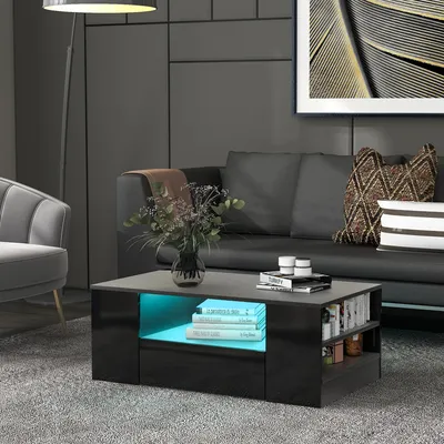 Obrázok produktu pre Merax LED konferenčný stolík s vysokým leskom, 2 zásuvkami a 2 policami, LED svetlo so 16 farbami a 4 režimami, 95 x 53 x 37 cm, čierna