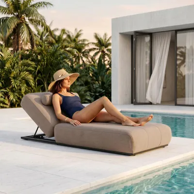 Produktbild von Sonnenliege TROPEA, gepolstert mit verstellbarem Kopfteil, Beige - Outdoor Liege für Terrasse und Pool, wetterfeste Relaxliege aus robustem Aluminium inklusive Abdeckhaube [max. Belastbarkeit 200 kg]