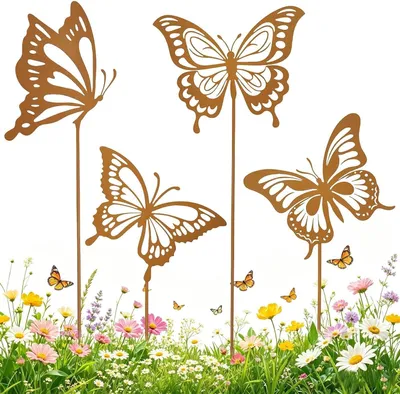 Produktbild von 4-teiliges Schmetterlings-Gartenstecker-Set aus Metall, Rostoptik, wetterfeste Gartendekoration für Garten, Terrasse, Balkon und Blumentöpfe