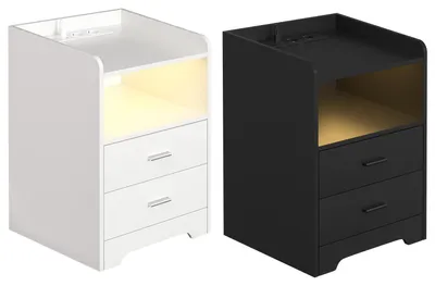 Image de Peviasot : Table de chevet 2 en 1 avec éclairage RGB LED et application Bluetooth, 2 tiroirs, étagère ouverte, 2 prises de courant, ports USB et USB-C, 4 roulettes, capacité de 30 kg, couleur noire
