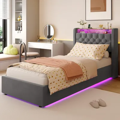 Image de okwish Lit rembourré 90×200 avec matelas et tête de lit de rangement, lit simple avec LED et prise électrique, lit pour adolescent gris foncé