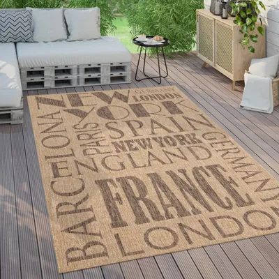 Produktbild von Outdoor Teppich Wetterfest Balkon Küche Modernes Muster Mit Schriftzug Grösse 120x160 cm