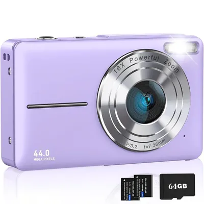 Obrázek produktu pro ZELURXX digitální kamera pro děti 1080P 44MP, 16x zoom, 2,4" displej, kompaktní mini kamera, selfie, kapesní velikost, fialová, 64GB, dvě baterie