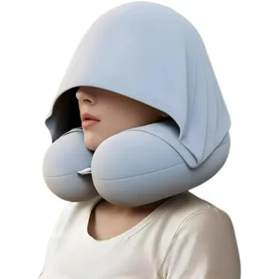 Produktbild von Kapuzen-Reisekissen aus Memory Foam Nackenkissen mit waschbarem Bezug für Flugzeug, Auto & Reisen – Hellblau