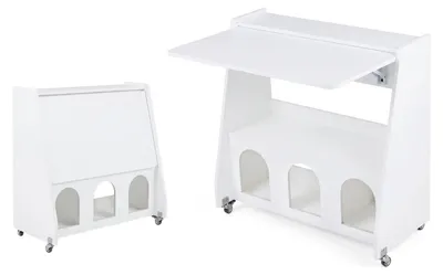 Zdjęcie produktu dla Biurko KOMFOTTEU na kółkach, biurko komputerowe ze składanym blatem, 2 półkami i 2 schowkami, mobilne biurko na laptopa z miejscem do przechowywania, biurko stojące do salonu, sypialni i biura, 78,5 x 57,5 x 80 cm