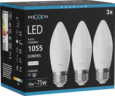 Obrázok produktu pre Mexen Nova 3x LED žiarovka E27, C37, 10 W, neutrálna – 4000 K, 1055 lm – L102-E27-1040-01x03