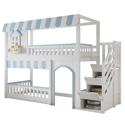 Produktbild von Etagenbett mit Regal, Schrank, Lattenrost und Treppe, 90x200cm, Kinderbett mit Rausfallschutz, Hochbett, Kiefer