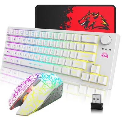 A white gaming keyboard and mouse set with RGB lighting, along with a mousepad featuring a wolf graphic, is displayed against a white background. A USB receiver is also visible.
