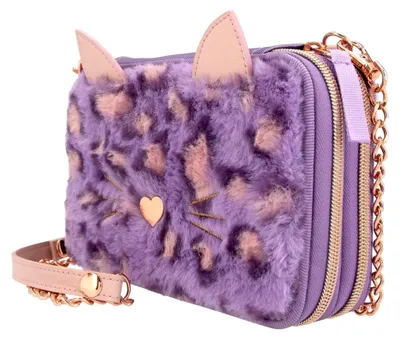 Produktbild von TOPModel Lilac Leo Love - Gefüllte 2-Fach Federtasche zum Umhängen, mit Plüsch in Lila, Leo-Print und Ohren, Federmäppchen mit Buntstiften, Lineal, Schere uvm.