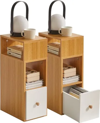 Produktbild von Nachttisch Set Schmal Beistelltisch mit Schublade Natürliche Farbe