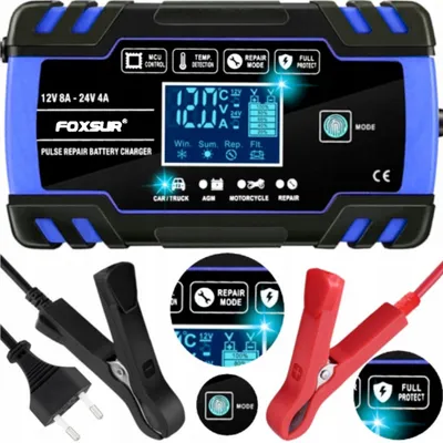 Produktbild von FOXSUR – Batterieladegerät – Erhaltungsladegerät – für 12 V und 24 V! - Geeignet für Motorrad, Auto, Roller, LKW, Boot und mehr! - 4A / 8A
