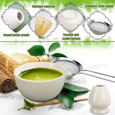 Produktbild von Matcha Besen 6-teiliges Set - Matcha Schale mit Ausguss - Matcha-Schneebesen - Matcha-Löffel - Matcha-Wisk - Keramisches Matcha Teeset mit Sieblöffel aus Edelstahl (weiß)