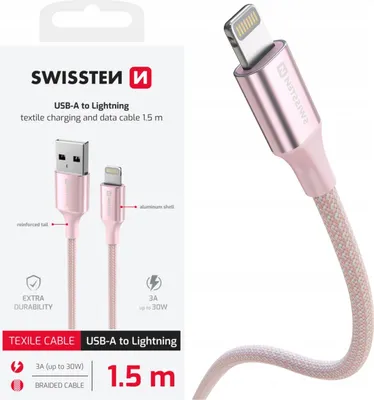 Zdjęcie produktu dla Kabel Usb Do Ładowania Usb-a - Lightning Różowy 1,5m Oplot 3a 30w Swissten