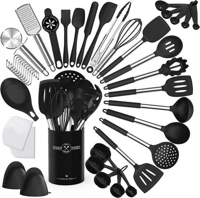 Produktbild von Ibenzoa® 34-teiliges Küchenhelfer-Set, hitzebeständiges Silikon mit rostfreiem Edelstahlgriff, spülmaschinengeeignet, bis 210 °C, Aufbewahrungs-Organizer