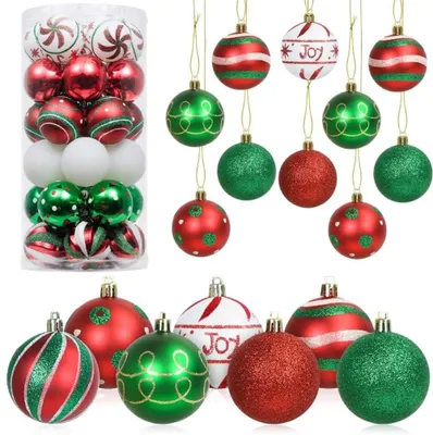 Weihnachtskugeln 24er Set, 6 cm, rot/grün, 7 Stile, unzerbrechlich