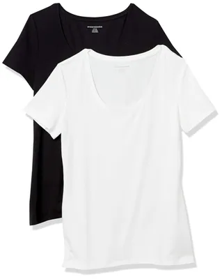 Produktbild von Amazon Essentials Damen Sommer-Oberteile, Regular-Fit Kurzarm-T-Shirts mit U-Ausschnitt, 2er-Pack (erhältlich in Übergrößen), Pack of 2, Schwarz/Weiß, M