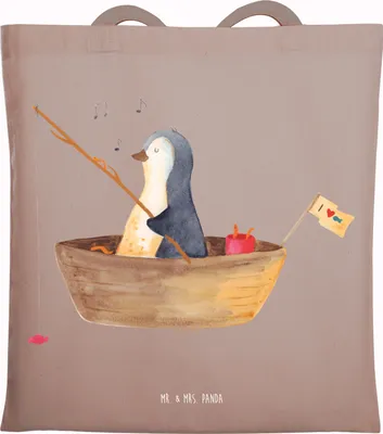 Produktbild von Mr. & Mrs. Panda Tote Bag Pinguin Angelboot - Braun Pastell - Geschenk, Angeln, Baumwolltasche, Tragetasche, Boot, Unitasche, Motivation, Jutebeutel, Leben, Tasche