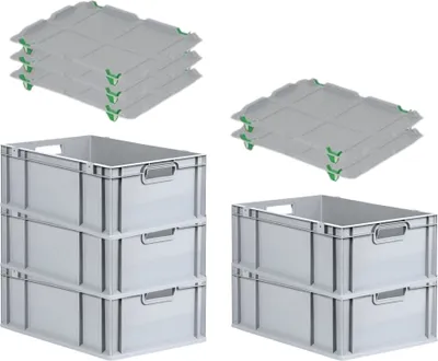 Produktbild von SparSet 5x Eurobox NextGen Economy mit Auflagedeckel und 4x Schiebeschnappverschlüsse Grün | Griffe offen | HxBxT 22x40x60cm | 44 Liter | Eurobehälter, Transportbox, Transportbehälter, Stapelbehälter