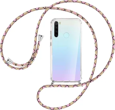 Produktbild von Handykette Backcover-Schutzhülle mit Band (Metall silberfarben) für Xiaomi Redmi Note 8 - rosa Karo