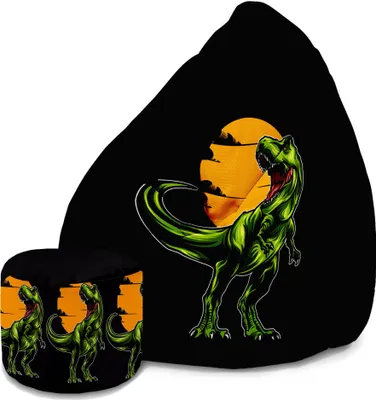 A bean bag chair and a matching ottoman with a dinosaur print.