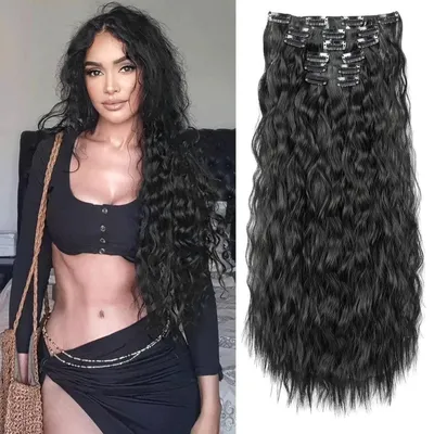 Produktbild von Clip in Haarverlängerungen 60cm gewellt synthetisch 6 Stück Naturschwarz