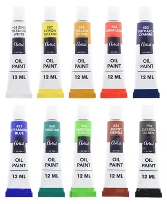 Image de Coffret de peinture à l'huile comprenant 10 tubes individuels, chaque tube contenant 12 ml de peinture à l'huile