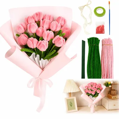 Productafbeelding van Set voor het schoonmaken van bloemenarrangementen - 200 stuks, inclusief bloemendraad, lint en stofdoekjes - DIY-knutselset voor decoraties - Roze
