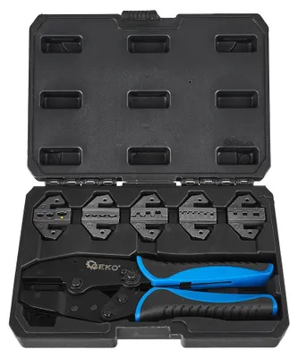 Immagine prodotto di Set-kit pinza crimpatrice manuale, pressatrice per terminali elettrici, per connettore auto con 5 ganasce intercambiabili, 220 mm, Geko