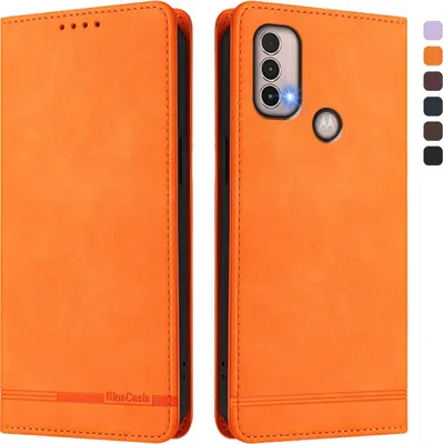 Produktbild von Hülle für Motorola Moto E20 / E30 / E40, Retro Kunstleder Ständer Klapphülle mit Kartenfächer und Magnetische Orange