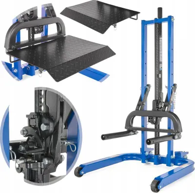 A collage of images showing a blue and black hydraulic car jack with various close-up views and a separate ramp.