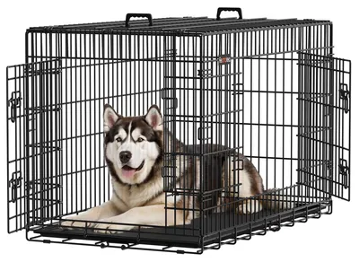 Produktbild von Feandrea Hundekäfig, klappbar, mit 2 Türen, ausziehbare Kunststoffschale, 122 x 74,5 x 80,5 cm, XXL, schwarz PPD48H