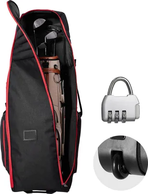 Zdjęcie produktu dla Torba podróżna na kije golfowe SucceBuy z kółkami, wytrzymały poliester Oxford 1800D, miękka torba do przechowywania kijów golfowych do podróży lotniczych, wodoodporna i wytrzymała w kolorze czerwonym i czarnym