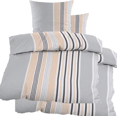 Produktbild von 4-tlg. Seersucker Bettwäsche 2x (135x200 +80x80cm), beige grau Streifen, bügelfrei, Microfaser