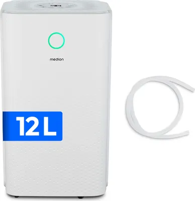 A white Medion dehumidifier is shown next to a white hose.