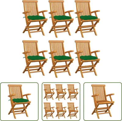 Produktbild von The Living Store Gartenstühle mit Grünen Kissen 6 Stk. Massivholz Teak