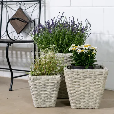 Produktbild von Rattan Blumentopf eckig S, M und L - 3 Stück weiß