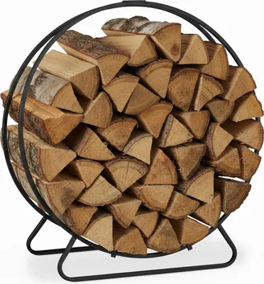 Produktbild von Relaxdays Kaminholzregal, rund, Holzscheite Stapelhilfe, aus Stahl, innen, Brennholzregal, HxBxT 65x61x26 cm, schwarz